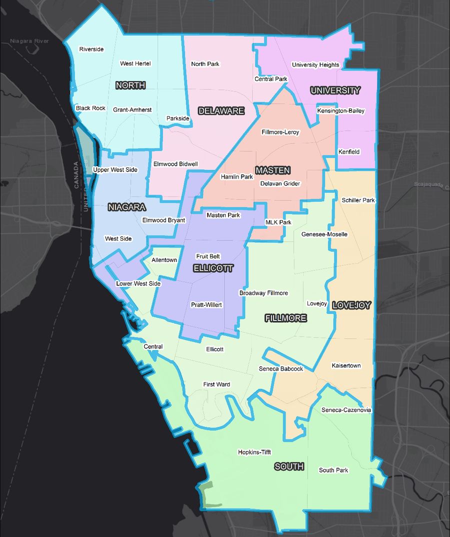 Map of Buffalo's nine council districts as drawn in 2011, with the Fillmore District wrapping around downtown to the lakefront.