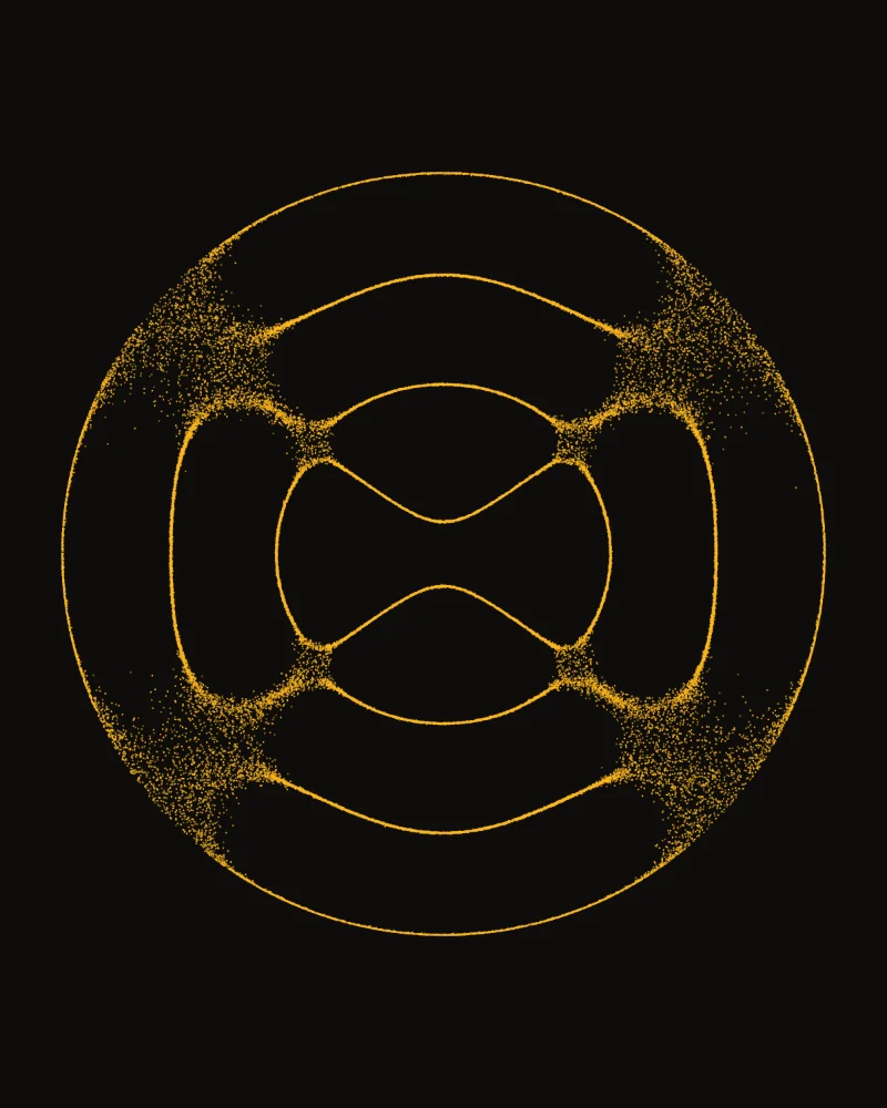 Sound Plate IV, Heart: gold sand on a round black plate, in the figure a 639 hertz tone draws.